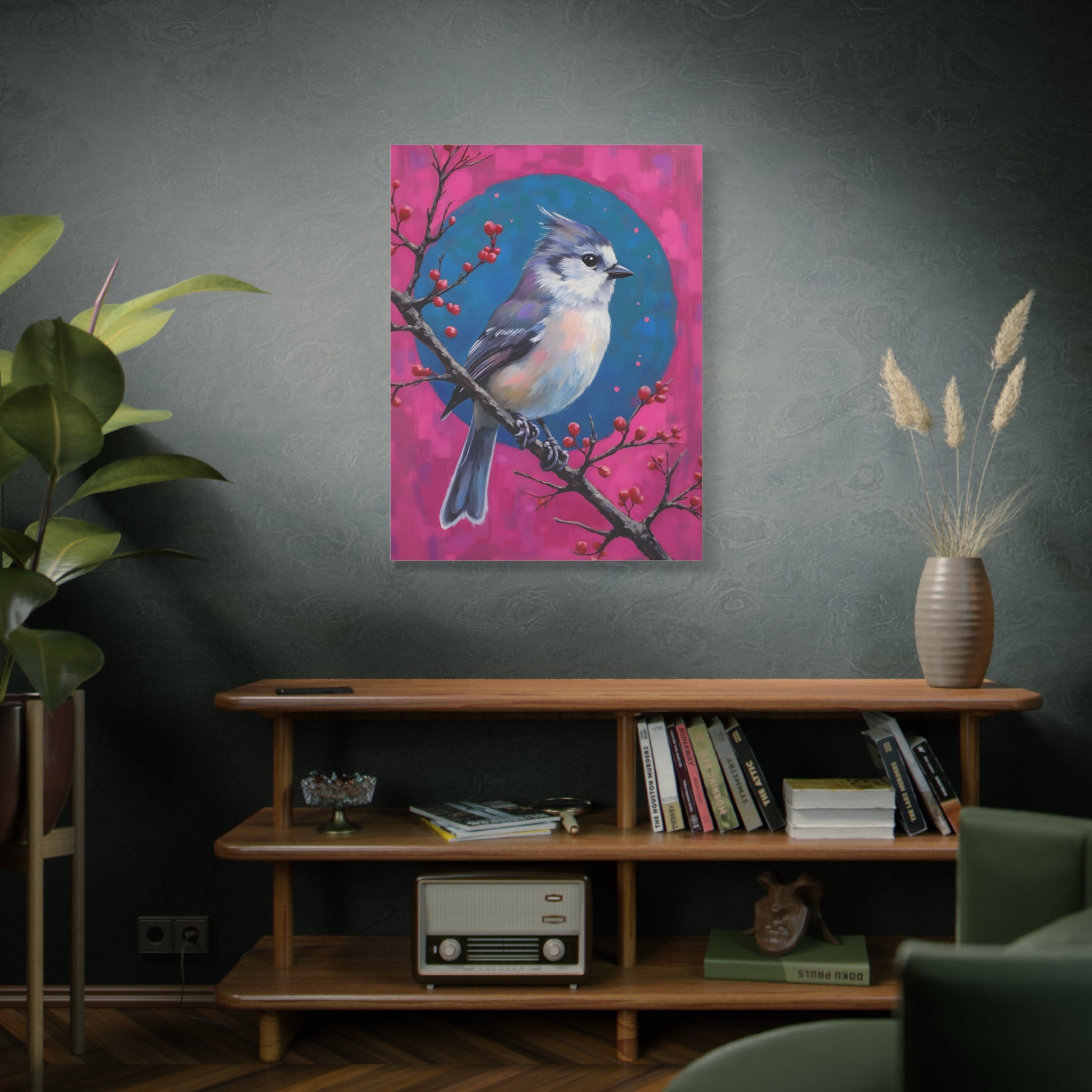 Blue jay on a holly branch Wall Art - Stretched Canvas